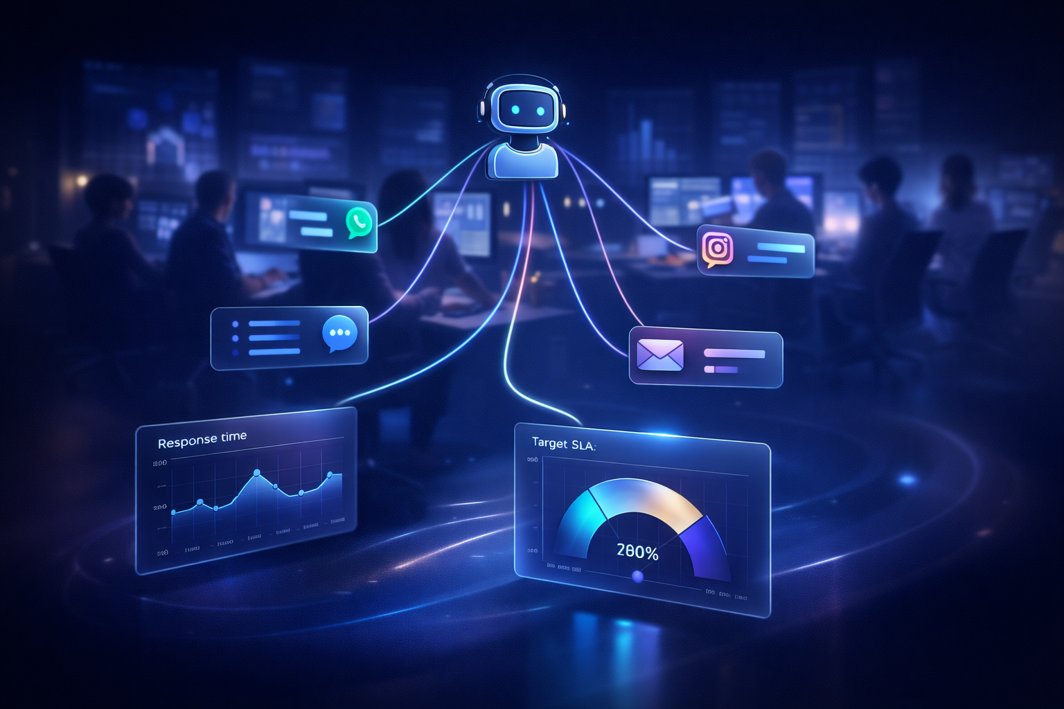 Operação omnichannel com IA conectando canais e dashboards de atendimento