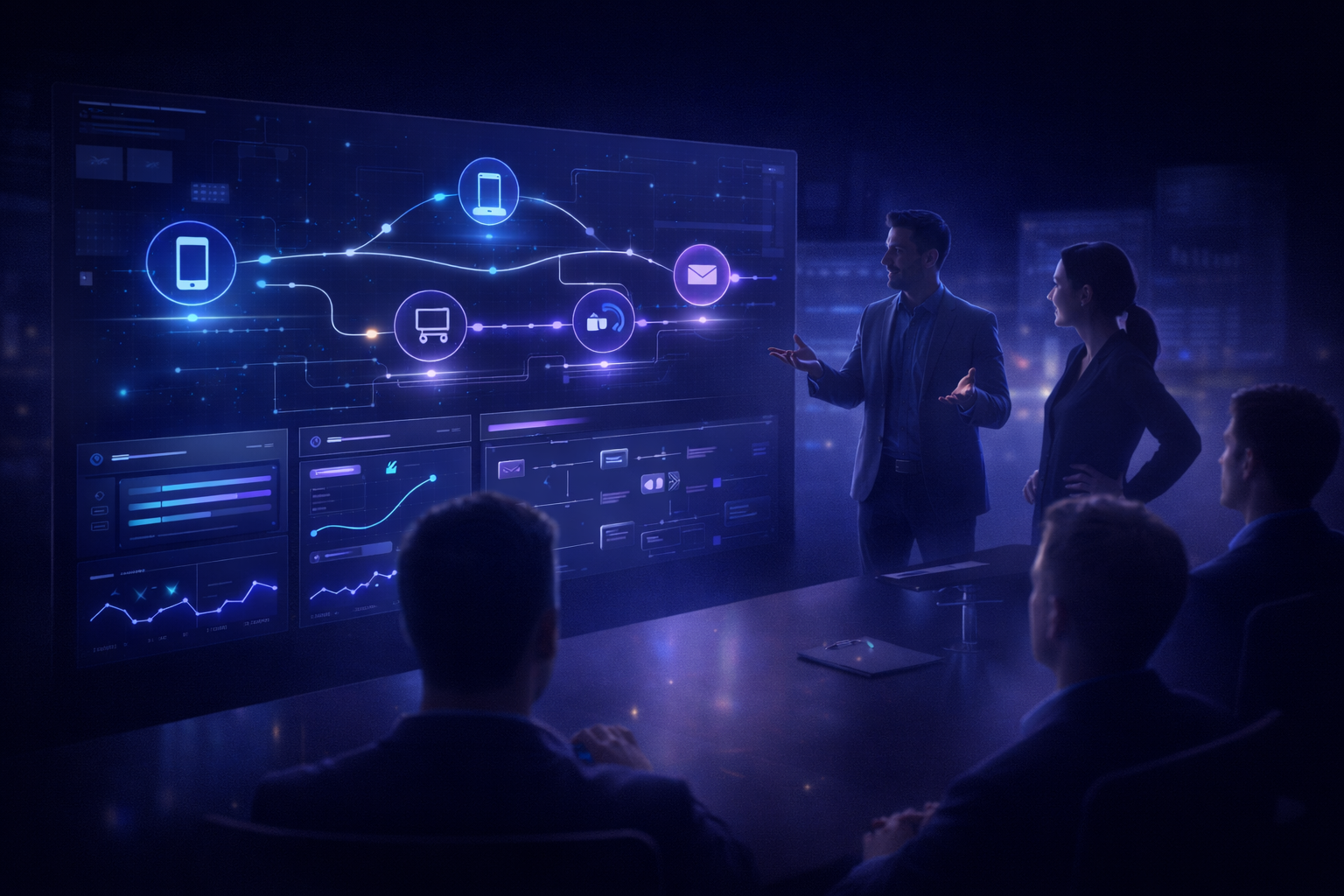 Time em workshop estratégico com mapa de jornada e planejamento de IA