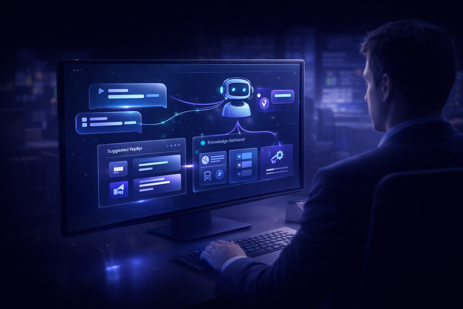 Copiloto de IA apoiando analista com sugestões e automações